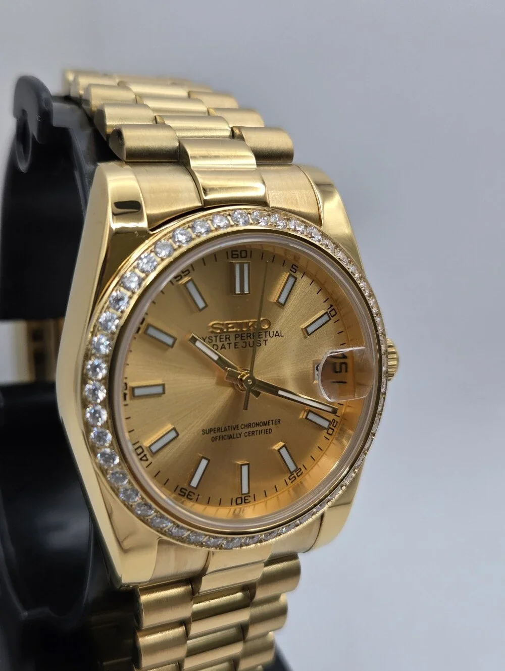 New Seiko Mod 36mm Automatic Watch White Dial DJ Rhinestone Bezel
